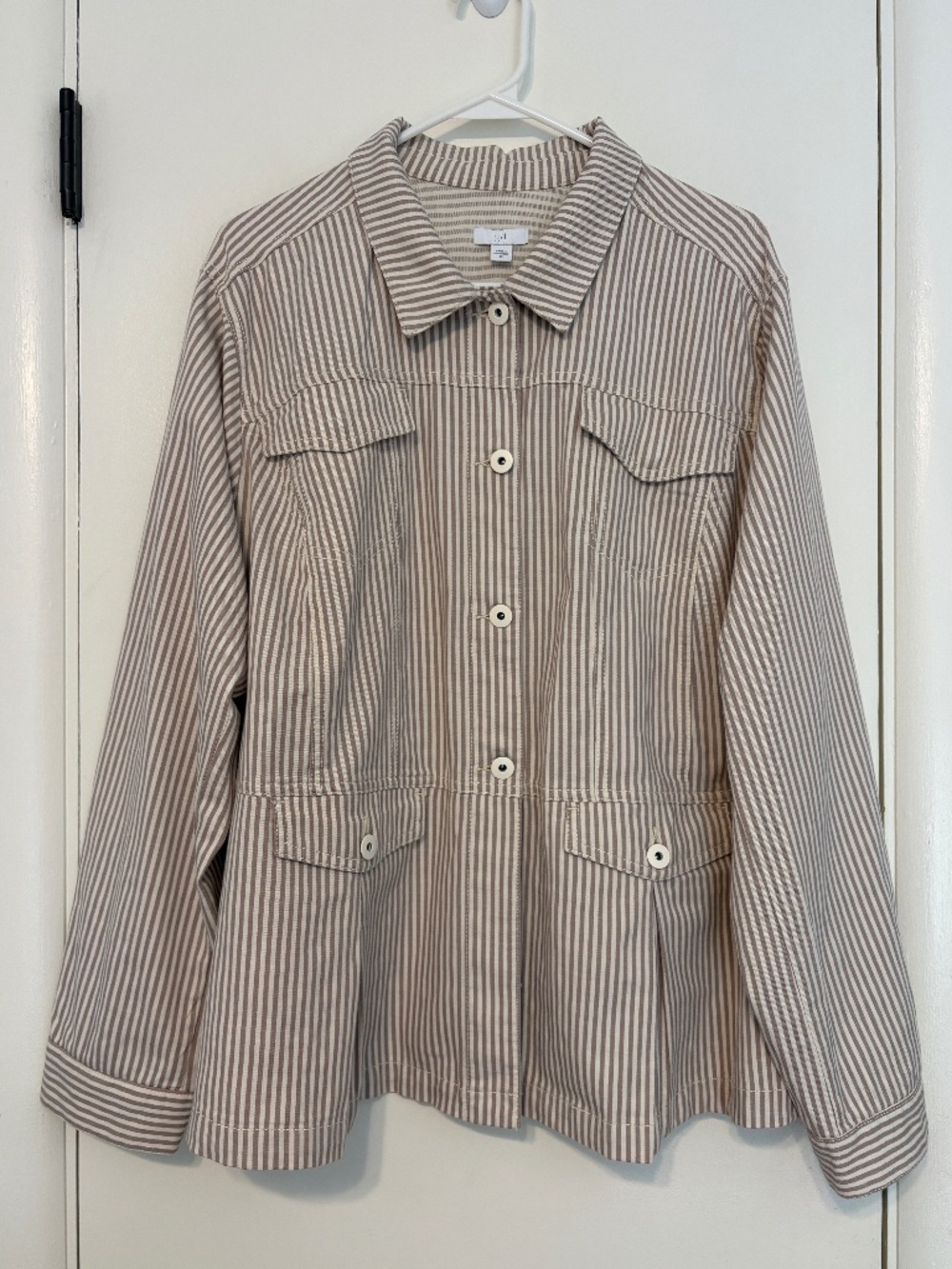 J. Jill #327911 Women's Plus Beige Stripe Button-Front Peplum Jacket 2X Pockets